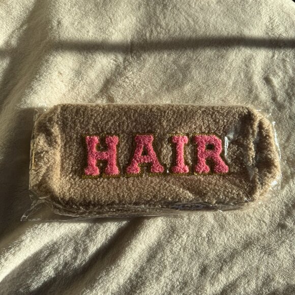 NWT, Chenille Letter Preppy Patches Travel Bag, "HAIR" Pouch, Tan with Pink - Picture 1 of 13